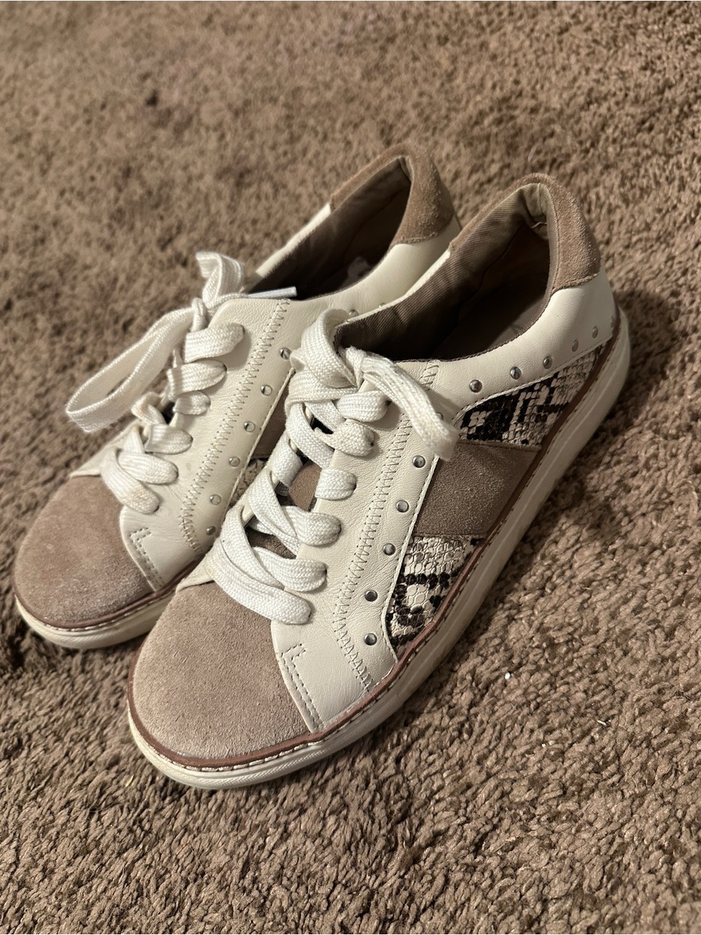 Crown Vintage Beige & White Suede Leather Sneakers with Snake-Print Accent
